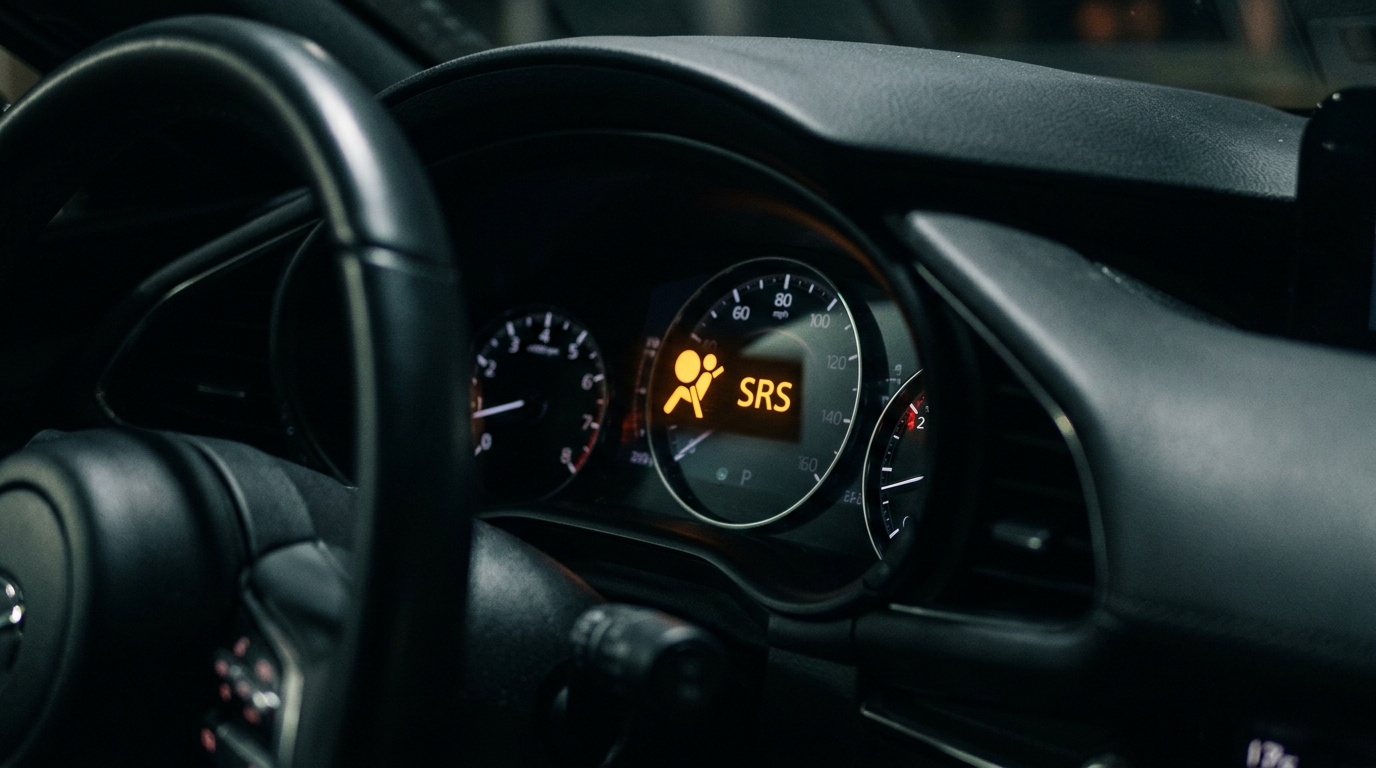 Close-up of a dashboard with the amber airbag warning light illuminated after a collision