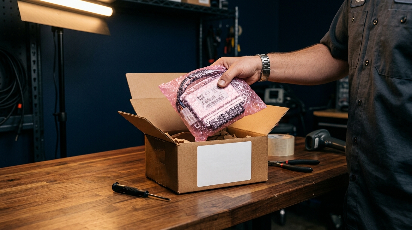 SRS airbag module packed in a padded box, labeled and ready to ship to Eagle's reset department